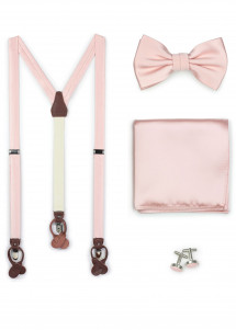 Set: Hosenträger, Fliege, Ziertuch und Manschettenknöpfe blush-rosa